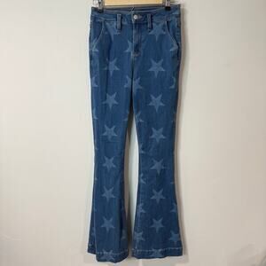 Miss Me High Rise Flare Jeans Stretch Star Print Blue Denim 27 America USA